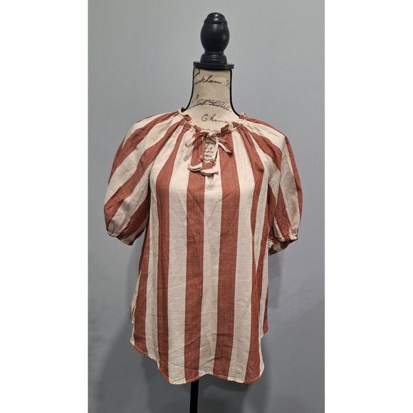 NWOT Knox Rose Rust & Cream Striped Cotton Blouse With Puff Sleeves & Tie Neck/S - Picture 1 of 7